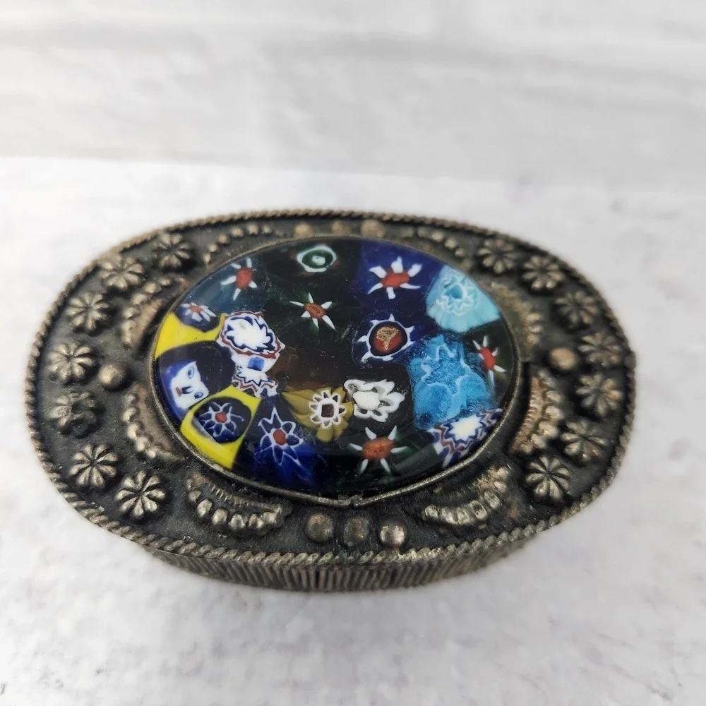 Vtg Ornate MILLEFIORI GLASS Silverplate Trinket Box Velvet Lined 1.75 Tall Italy
